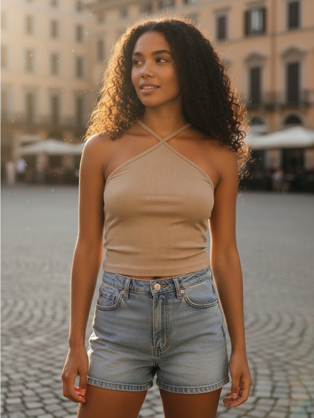 Zara Cross-Strap Ribbed Tank Top - Tan